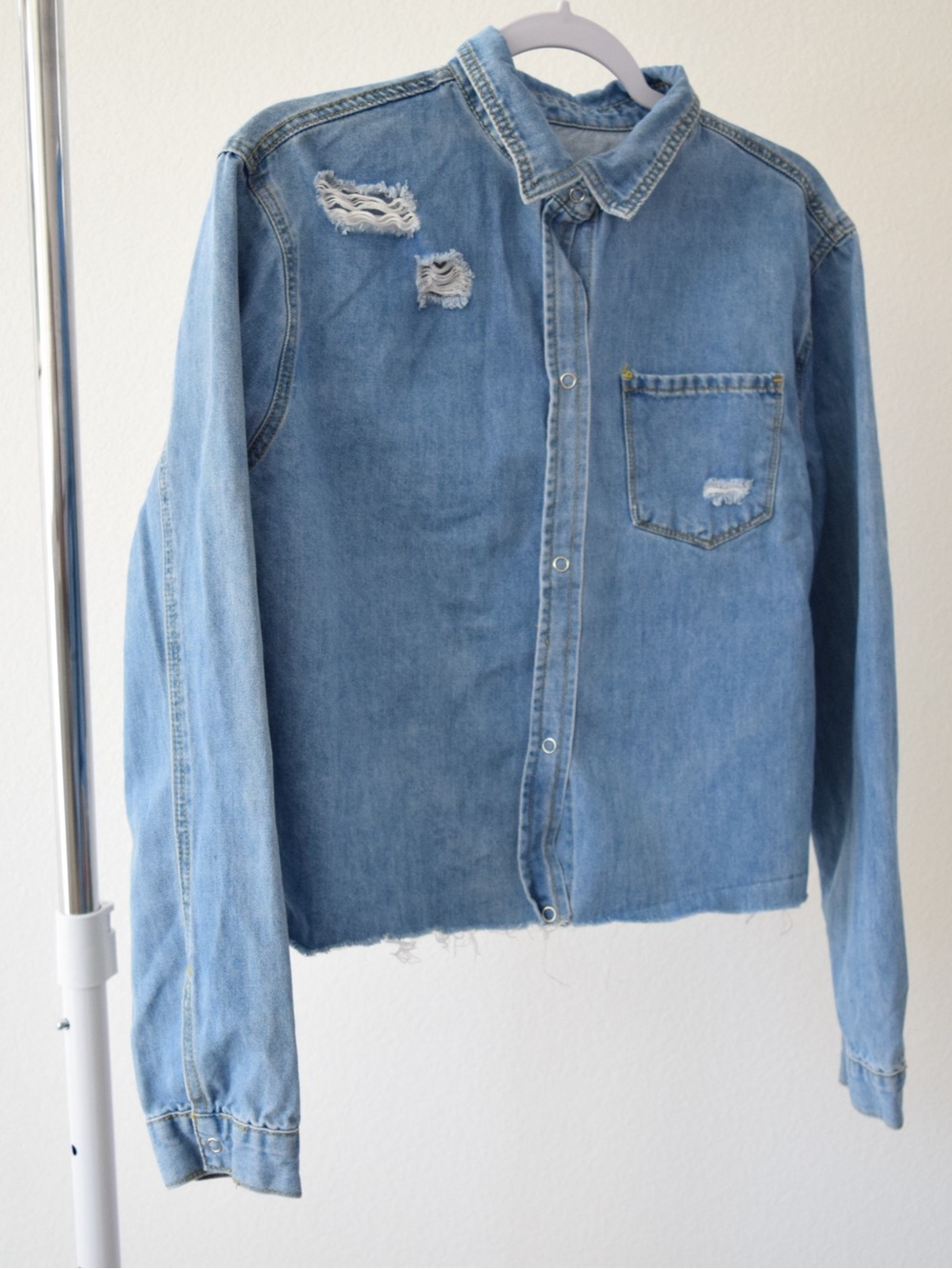 Classic Light Blue Distressed Denim Shirt - Women